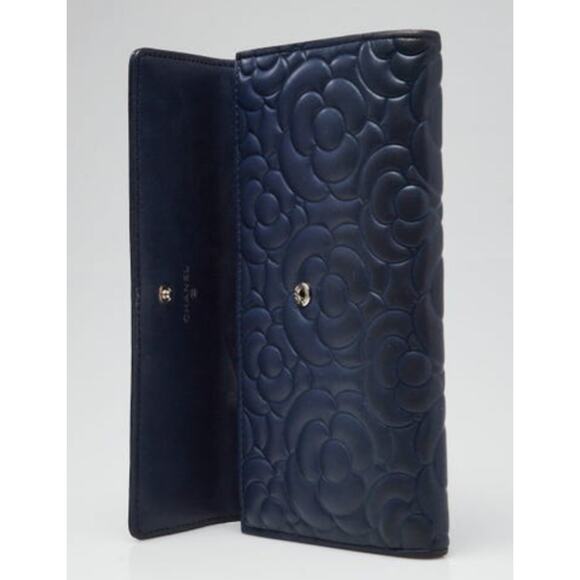 Chanel Blue Camellia Embossed Lambskin Leather L Flap Wallet - Picture 8 of 11